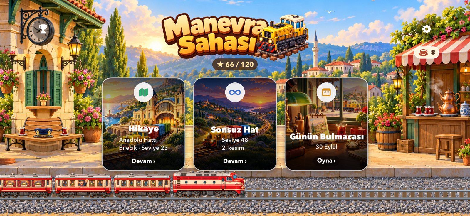 Ana menü: Hikâye, Sonsuz Hat ve Günün Bulmacası kartları