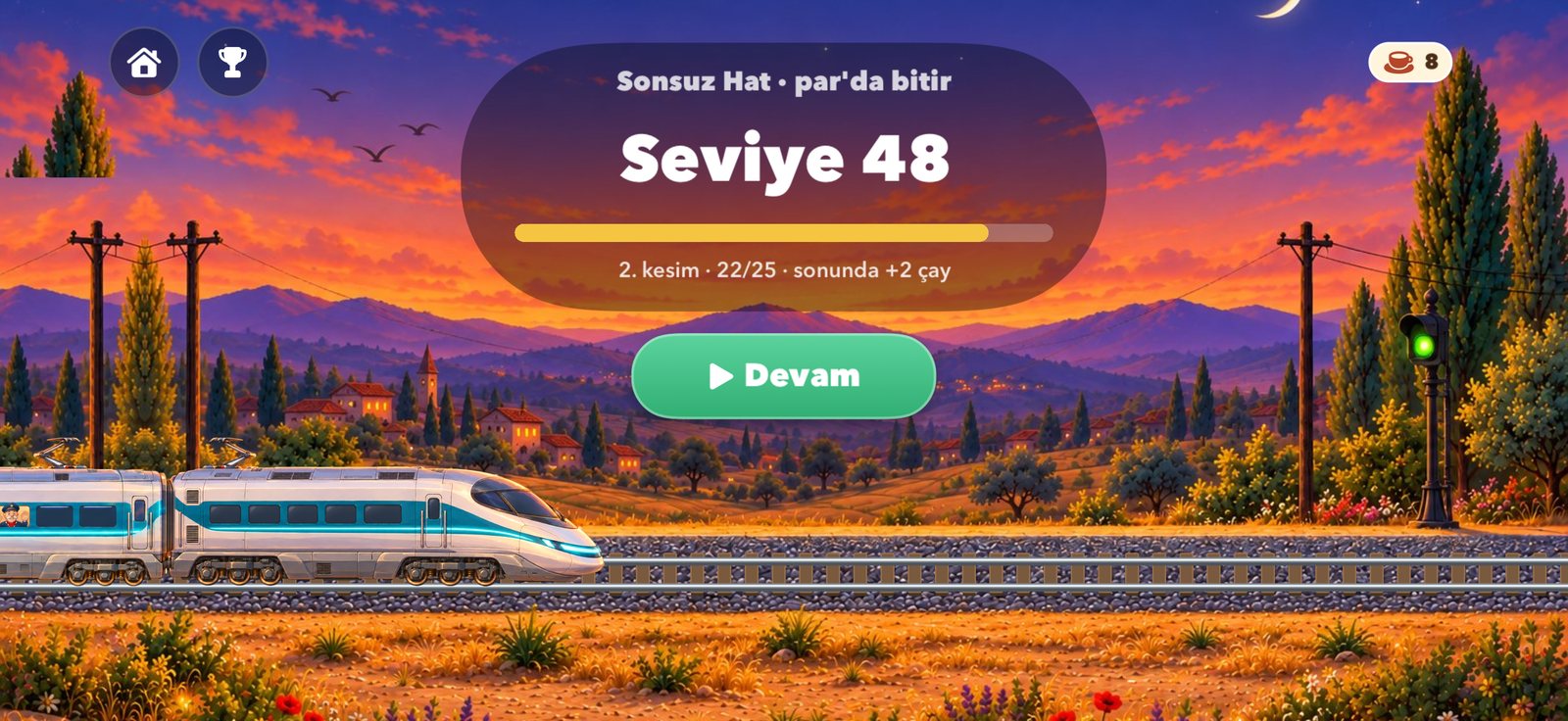 Sonsuz Hat ekranı, alacakaranlıkta hızlı tren